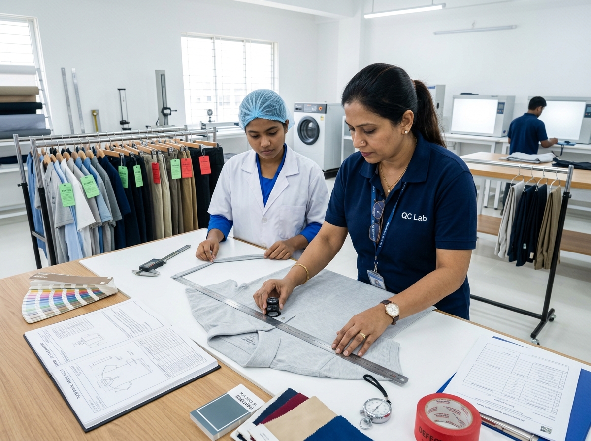 Garment Quality Control Lab inspection at SMKSONS export manufacturing facility